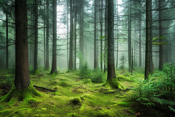 Fototapeta premium A forest with a lot of trees and a lot of moss