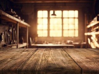 Blur craft workshop interior and empty wooden table top with space for products.