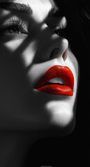 A woman with red lipstick is the main focus of the image. The red lipstick is bold and striking, drawing attention to the woman's lips. The image has a dramatic and artistic feel