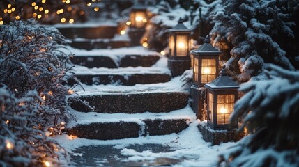 Fototapeta premium Winter stone steps winter snowy park backyard garden composition background