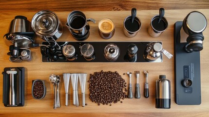 An inviting coffee brewing station with barista tools and aromatic beans, Coffee brewing tools arranged on a wooden countertop, Barista's delight style