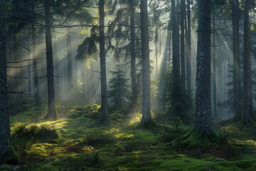 Fototapeta premium A forest with sunlight shining through the trees
