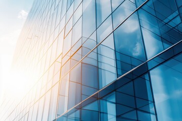 Contemporary office building exterior features glass and aluminum illuminated by sunlight