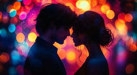 A couple is shown in a blurry image with a bright background. The man and woman are looking at each other with their eyes closed, and the woman is wearing a necklace. Scene is romantic and intimate