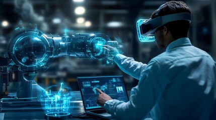 A Man in a VR Headset Interacting with a Futuristic Robot Arm, VR, Robotics, Industry 4.0