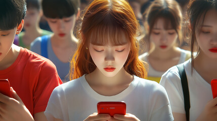 Young people engaged with smartphones at a vibrant outdoor location during a sunny day