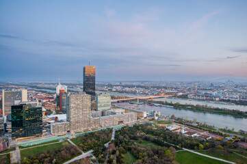 stunning aerial perspective of Vienna with the Danube River winding through the city, Austria