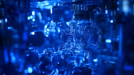 Naklejka premium Close-up of a Blue Illuminated Circuit Board, Digital, Technology, Futuristic, Blue Lights, Machine, Gear