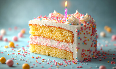 A slice of cake with a lit candle on top. The cake is decorated with colorful sprinkles and has a pink and white frosting. Scene is celebratory and festive, as it represents a birthday celebration