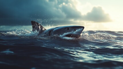 Fototapeta premium White great shark jump out of water composition background