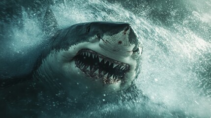 Fototapeta premium White great shark jump out of water composition background