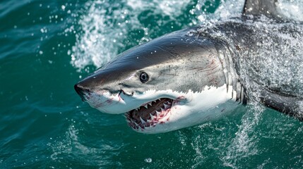 Naklejka premium White great shark jump out of water composition background