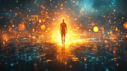A glowing figure stands within a digital realm 