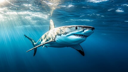 Fototapeta premium White great shark jump out of water composition background