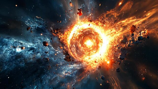 A fiery explosion in space creates a bright ring of light and sends debris flying through the dark void