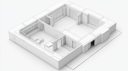 Isometric Sketch of a House with Windows and Doors, 3D Model, House Design, Sketchup, Interior Design, Architecture, 3D Rendering