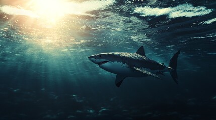 Fototapeta premium White great shark jump out of water composition background