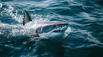 Fototapeta premium White great shark jump out of water composition background