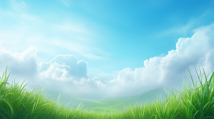 Fototapeta premium Vast blue sky with fluffy clouds above lush green grass in a serene landscape at midday
