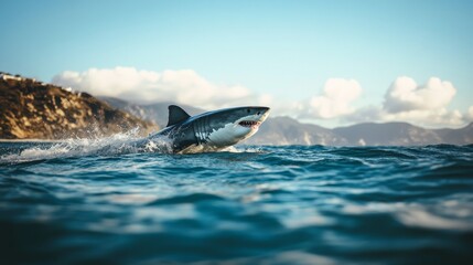 Fototapeta premium White great shark jump out of water composition background