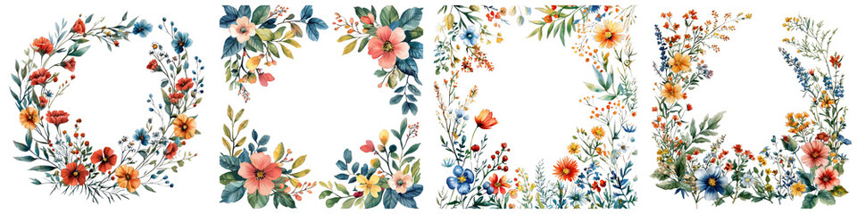 Obraz premium A whimsical floral frame with wildflowers and leaves, illustrated in a watercolor painting style, on a transparent background.