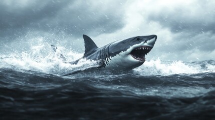 Fototapeta premium White great shark jump out of water composition background