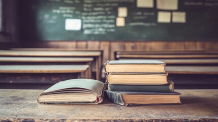Fototapeta premium Old Books on a Wooden Desk, Close-Up, Vintage, Still Life, Book Stack, Education, History
