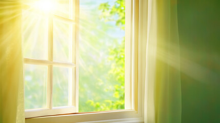 Sunlight streaming through an open window with green leaves visible outside on a bright day