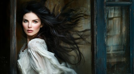 Obraz premium Woman with Flowing Hair Through Window, Portrait, Wind, Closeup, Fashion, Dramatic Lighting, Rustic