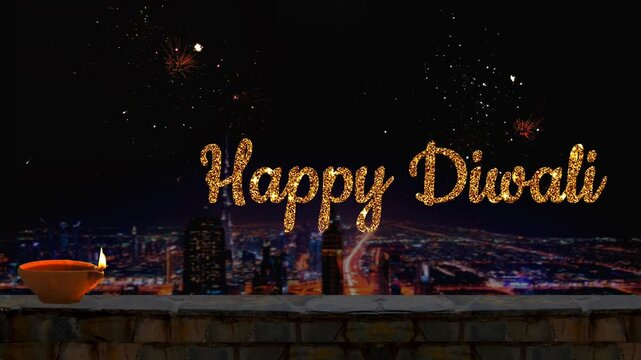 happy diwali wishes with clay lamp animation and fireworks 