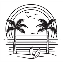 A simple, bold outline vector illustration of the sun setting over an ocean with two palm trees and a surfboard on the beach, in black lines on a white background.
