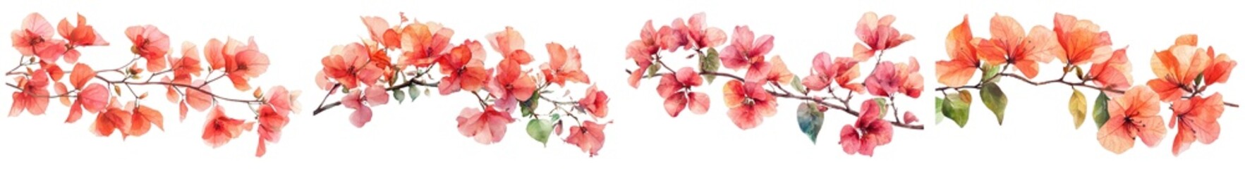 Bougainvillea flowers on a tree branch illustrated in a watercolor painting style, on a transparent background.