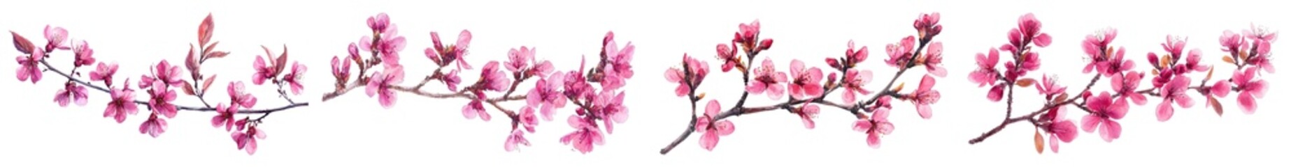 Fototapeta premium Redbud tree flowers on a branch illustrated in a watercolor painting style, on a transparent background.