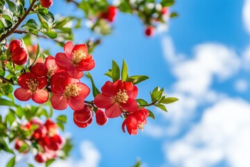 Obraz premium Crimson pomegranate blossoms stand out against the sky
