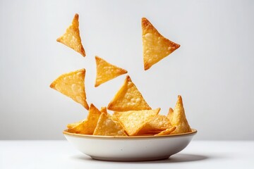 Crispy pita chips landing on a plate against a white backdrop