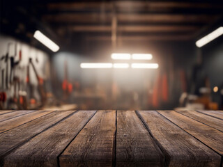 Blur craft workshop interior and empty wooden table top with space for products.