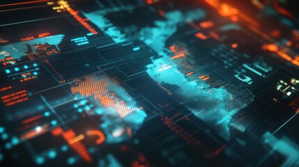 Obraz premium Digital world map with data visualization and futuristic graphics.