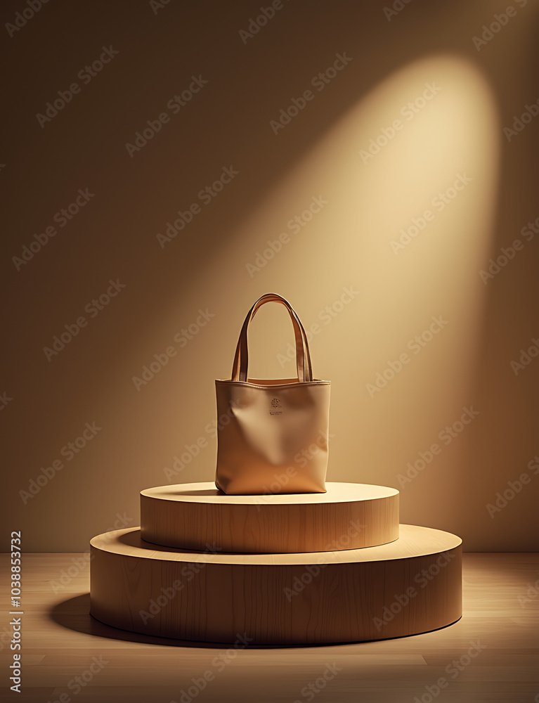 Poster display product on a wooden podium with added light and shadow effects for visual impact.