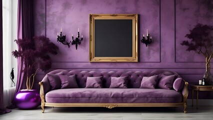 Modern minimalist wall art mockup of purple luxury living room for Halloween, blank frame for wall art mockup of sofa living room, Halloween and Christmas spooky scary vibes of the room interior desig