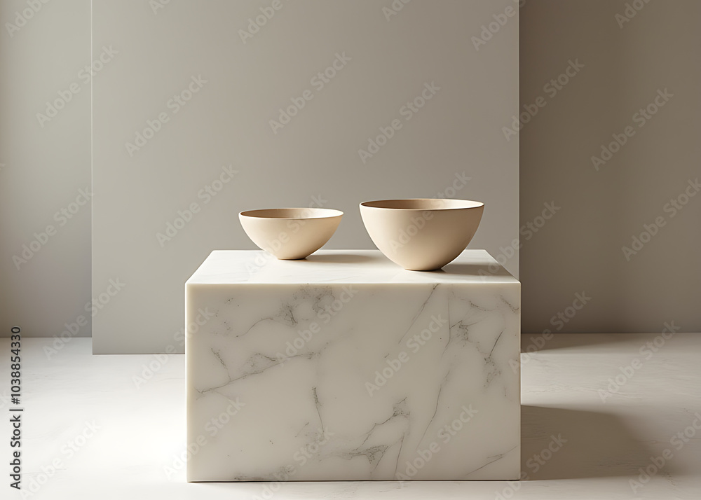 Poster elegant marble pedestal holds two bowls for product display in a simple room design.