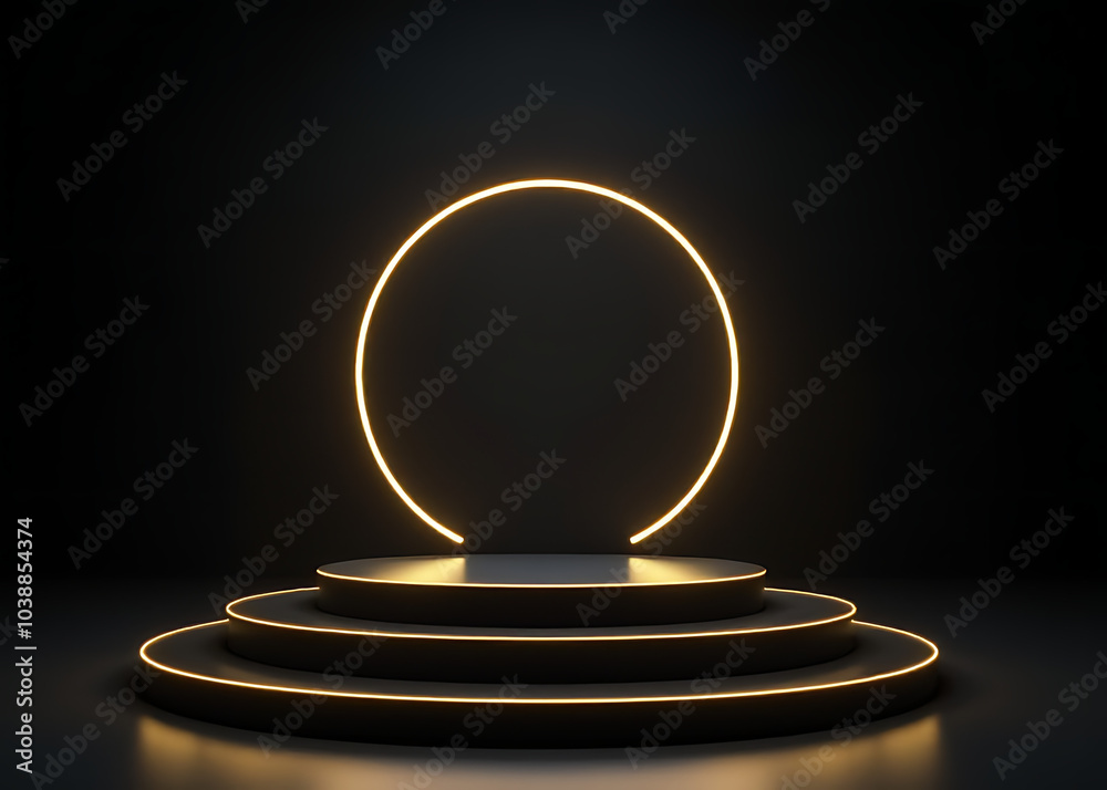 Poster elegant podium features circular design with gold accents on a dark background surface.