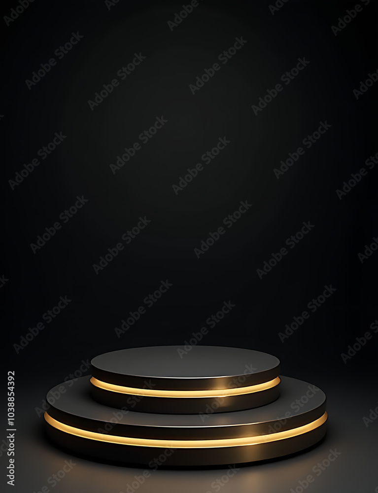 Poster elegant podium features circular design with gold accents on a dark background surface.