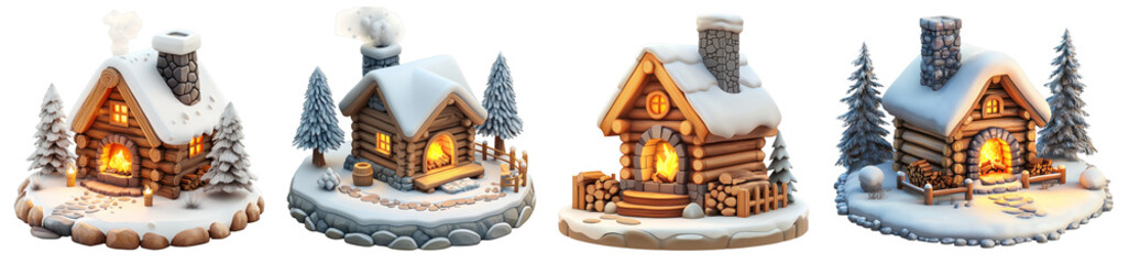 A 3D icon of a wooden winter cabin with a glowing fireplace inside, illustrated on a transparent background.