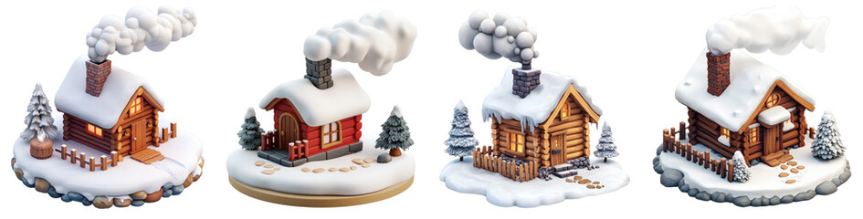 Naklejka premium A 3D icon of a small winter cabin with smoke coming out of the chimney, illustrated on a transparent background.