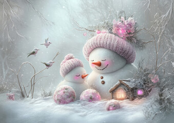 Obraz premium Adorable snowman family with knit hats and birds in a peaceful winter wonderland scene 