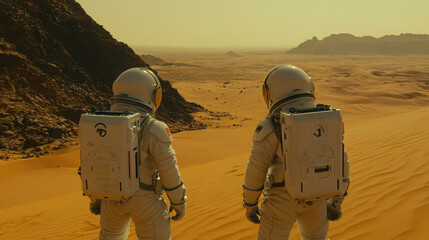 Two astronauts in white space suits standing on the sand dunes of Mars, looking at distant mountains. The photography has a cinematic style