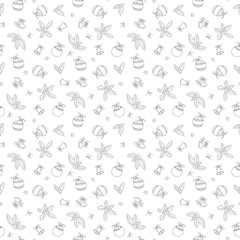 Naklejka premium Holiday seamless pattern with Christmas balls, bells, bow and holly leaves in black and white style. Sketch illustration is suitable for holiday design, packaging and decor.