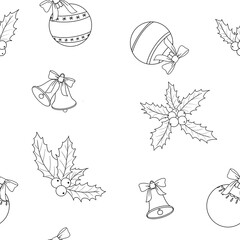 Seamless pattern with Christmas balls, bells and holly leaves in black and white style. Sketch illustration is suitable for holiday design, packaging and decor.