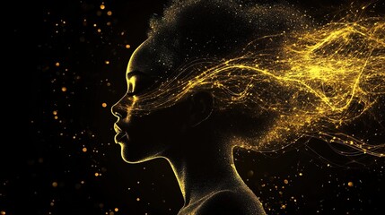 Black woman silhouette outlined in yellow light against black background