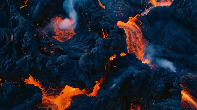 Volcanic eruption process. Closeup texture of flowing hot lava and magma eruption and exploding with smoke. Natural disaster concept. Orange and black crack surface, lava field. Abstract background